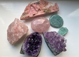 From top clockwise: Peruvian Pink Opal, Amazonite from Brazil, Amethyst from Brazil, Dark Amethyst from Uruguay, and Rose Quartz from Brazil.